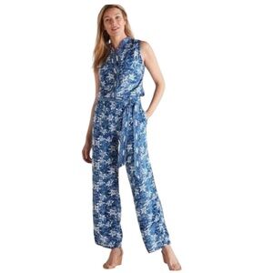 SOFT SURROUNDINGS Nahla Blue & White Print Sleeveless Jumpsuit Pockets Size L